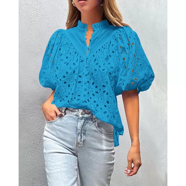 imagePRETTYGARDEN Womens Summer Tops Dressy Casual Short Lantern Sleeve V Neck Buttons Hollow Out Lace Embroidered Blouses ShirtsLake Blue