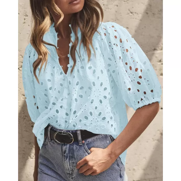 imagePRETTYGARDEN Womens Summer Tops Dressy Casual Short Lantern Sleeve V Neck Buttons Hollow Out Lace Embroidered Blouses ShirtsLight Blue