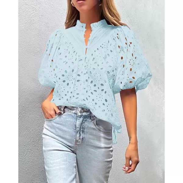 imagePRETTYGARDEN Womens Summer Tops Dressy Casual Short Lantern Sleeve V Neck Buttons Hollow Out Lace Embroidered Blouses ShirtsLight Blue