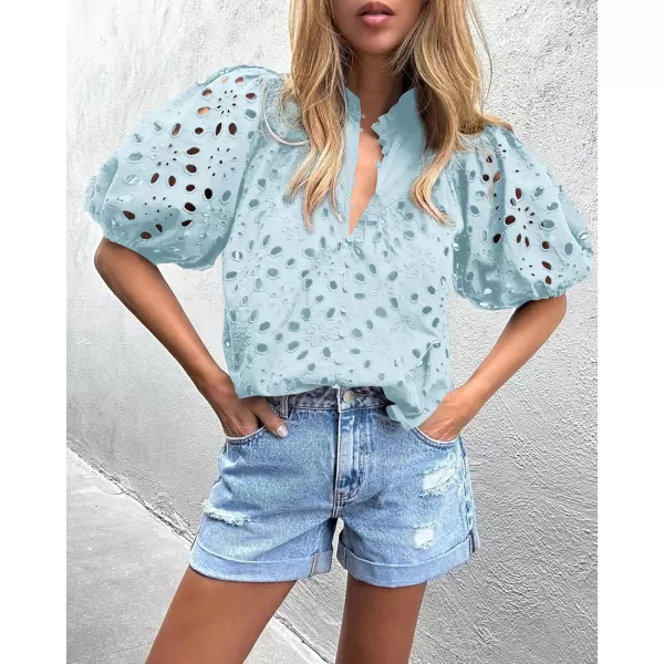 imagePRETTYGARDEN Womens Summer Tops Dressy Casual Short Lantern Sleeve V Neck Buttons Hollow Out Lace Embroidered Blouses ShirtsLight Blue