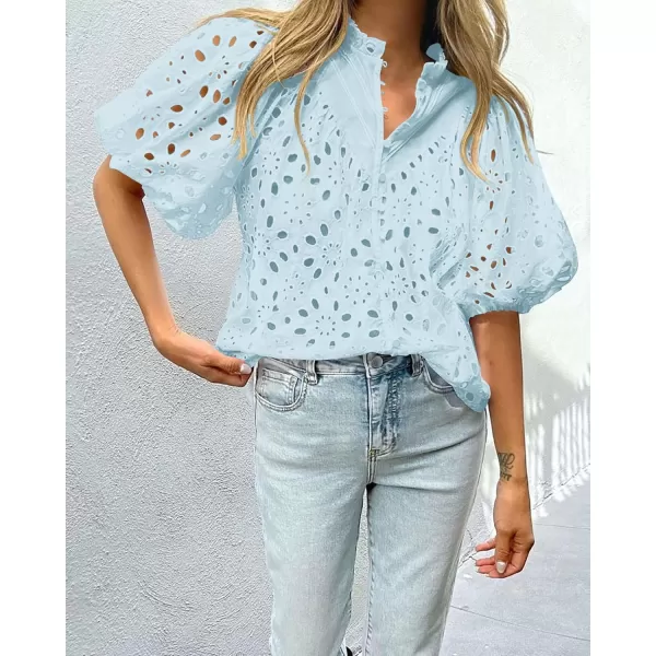 imagePRETTYGARDEN Womens Summer Tops Dressy Casual Short Lantern Sleeve V Neck Buttons Hollow Out Lace Embroidered Blouses ShirtsLight Blue