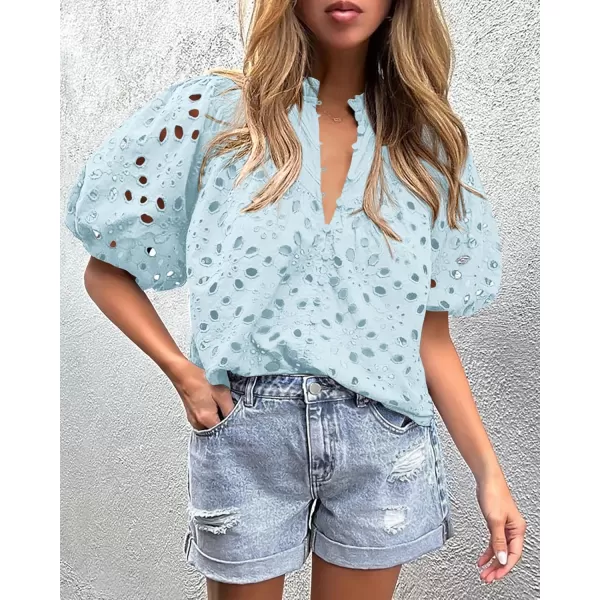 imagePRETTYGARDEN Womens Summer Tops Dressy Casual Short Lantern Sleeve V Neck Buttons Hollow Out Lace Embroidered Blouses ShirtsLight Blue