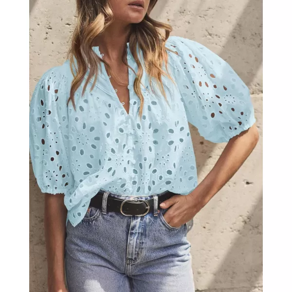imagePRETTYGARDEN Womens Summer Tops Dressy Casual Short Lantern Sleeve V Neck Buttons Hollow Out Lace Embroidered Blouses ShirtsLight Blue