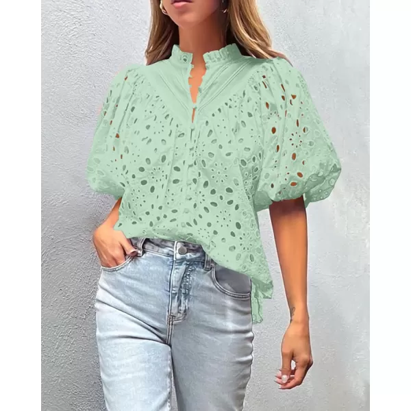 imagePRETTYGARDEN Womens Summer Tops Dressy Casual Short Lantern Sleeve V Neck Buttons Hollow Out Lace Embroidered Blouses ShirtsLight Green