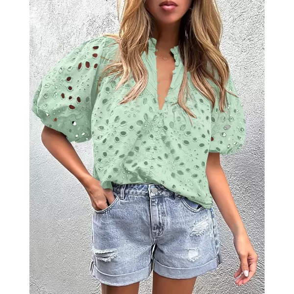 imagePRETTYGARDEN Womens Summer Tops Dressy Casual Short Lantern Sleeve V Neck Buttons Hollow Out Lace Embroidered Blouses ShirtsLight Green
