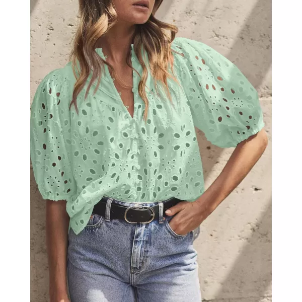 imagePRETTYGARDEN Womens Summer Tops Dressy Casual Short Lantern Sleeve V Neck Buttons Hollow Out Lace Embroidered Blouses ShirtsLight Green