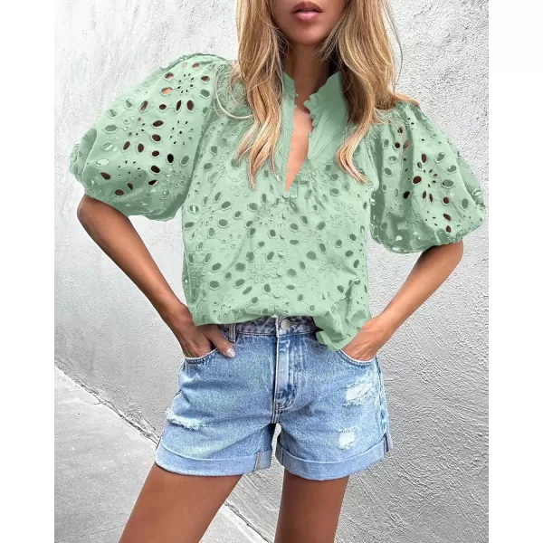 imagePRETTYGARDEN Womens Summer Tops Dressy Casual Short Lantern Sleeve V Neck Buttons Hollow Out Lace Embroidered Blouses ShirtsLight Green