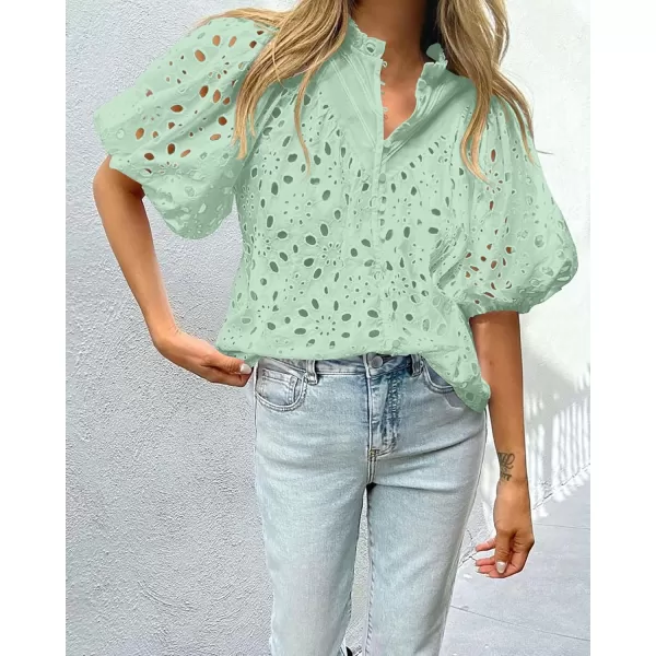 imagePRETTYGARDEN Womens Summer Tops Dressy Casual Short Lantern Sleeve V Neck Buttons Hollow Out Lace Embroidered Blouses ShirtsLight Green