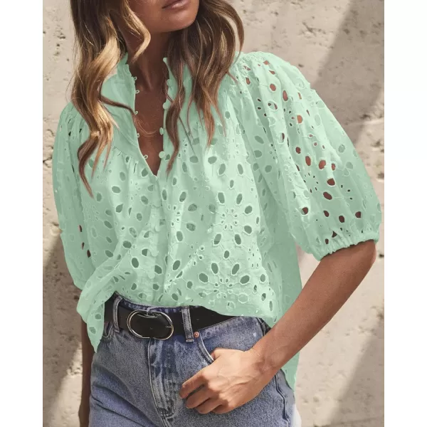 imagePRETTYGARDEN Womens Summer Tops Dressy Casual Short Lantern Sleeve V Neck Buttons Hollow Out Lace Embroidered Blouses ShirtsLight Green