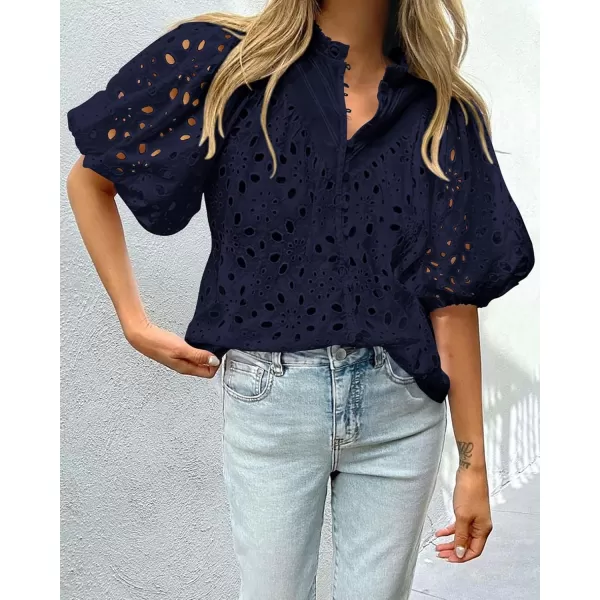 imagePRETTYGARDEN Womens Summer Tops Dressy Casual Short Lantern Sleeve V Neck Buttons Hollow Out Lace Embroidered Blouses ShirtsNavy