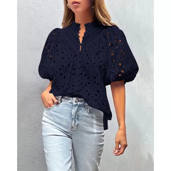 imagePRETTYGARDEN Womens Summer Tops Dressy Casual Short Lantern Sleeve V Neck Buttons Hollow Out Lace Embroidered Blouses ShirtsNavy