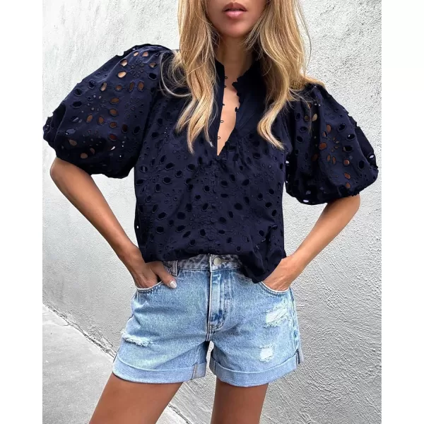 imagePRETTYGARDEN Womens Summer Tops Dressy Casual Short Lantern Sleeve V Neck Buttons Hollow Out Lace Embroidered Blouses ShirtsNavy