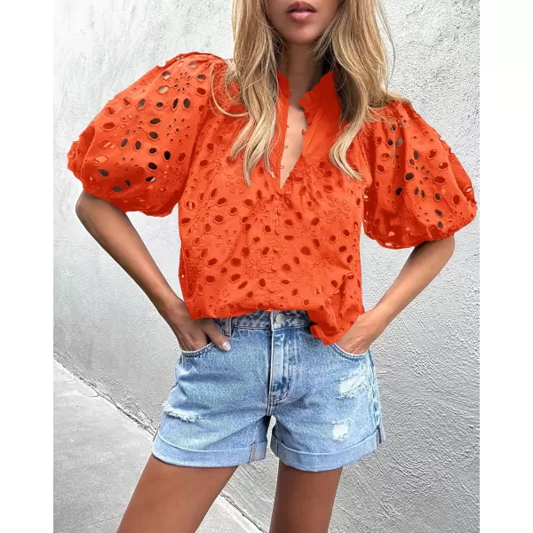 imagePRETTYGARDEN Womens Summer Tops Dressy Casual Short Lantern Sleeve V Neck Buttons Hollow Out Lace Embroidered Blouses ShirtsOrange