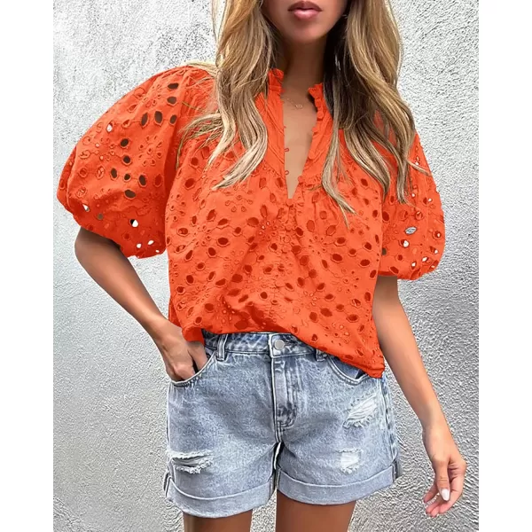 imagePRETTYGARDEN Womens Summer Tops Dressy Casual Short Lantern Sleeve V Neck Buttons Hollow Out Lace Embroidered Blouses ShirtsOrange