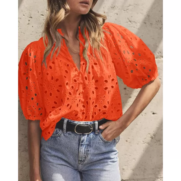 imagePRETTYGARDEN Womens Summer Tops Dressy Casual Short Lantern Sleeve V Neck Buttons Hollow Out Lace Embroidered Blouses ShirtsOrange