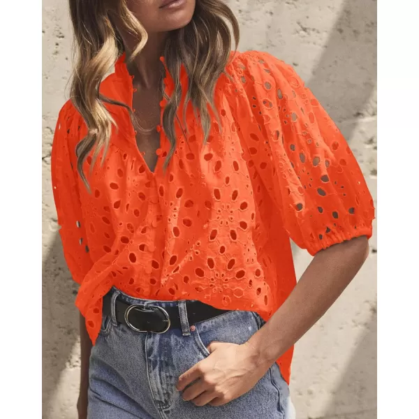 imagePRETTYGARDEN Womens Summer Tops Dressy Casual Short Lantern Sleeve V Neck Buttons Hollow Out Lace Embroidered Blouses ShirtsOrange