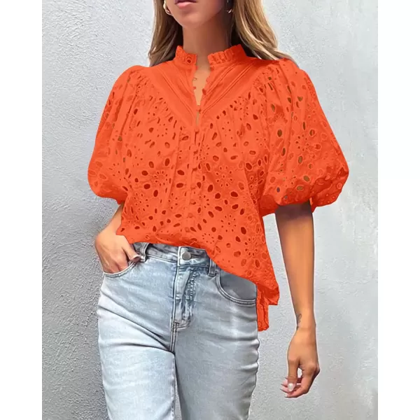 imagePRETTYGARDEN Womens Summer Tops Dressy Casual Short Lantern Sleeve V Neck Buttons Hollow Out Lace Embroidered Blouses ShirtsOrange