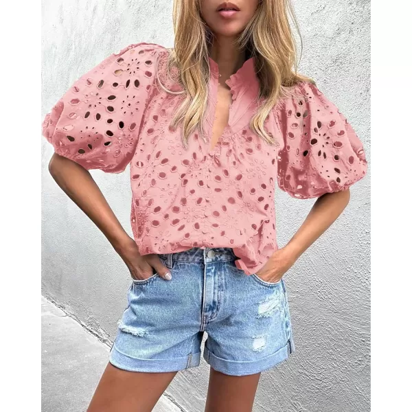 imagePRETTYGARDEN Womens Summer Tops Dressy Casual Short Lantern Sleeve V Neck Buttons Hollow Out Lace Embroidered Blouses ShirtsPink