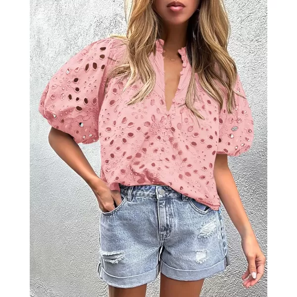 imagePRETTYGARDEN Womens Summer Tops Dressy Casual Short Lantern Sleeve V Neck Buttons Hollow Out Lace Embroidered Blouses ShirtsPink