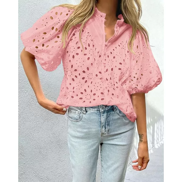 imagePRETTYGARDEN Womens Summer Tops Dressy Casual Short Lantern Sleeve V Neck Buttons Hollow Out Lace Embroidered Blouses ShirtsPink
