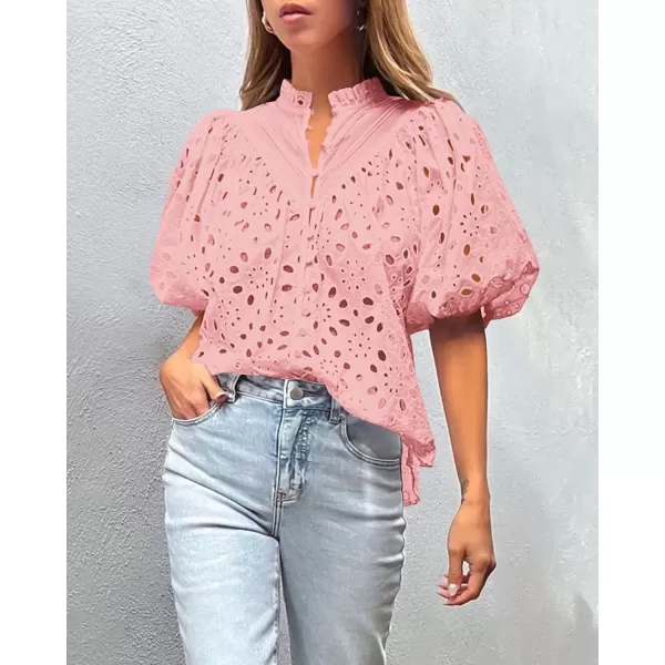 imagePRETTYGARDEN Womens Summer Tops Dressy Casual Short Lantern Sleeve V Neck Buttons Hollow Out Lace Embroidered Blouses ShirtsPink