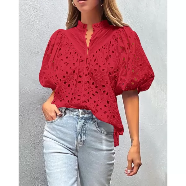 imagePRETTYGARDEN Womens Summer Tops Dressy Casual Short Lantern Sleeve V Neck Buttons Hollow Out Lace Embroidered Blouses ShirtsRed