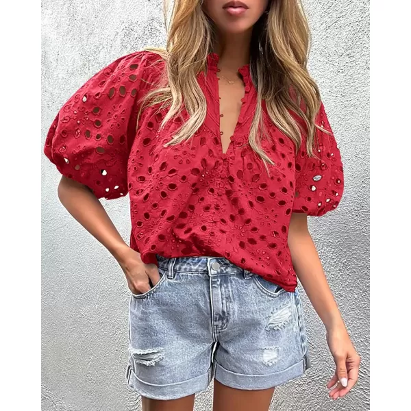 imagePRETTYGARDEN Womens Summer Tops Dressy Casual Short Lantern Sleeve V Neck Buttons Hollow Out Lace Embroidered Blouses ShirtsRed