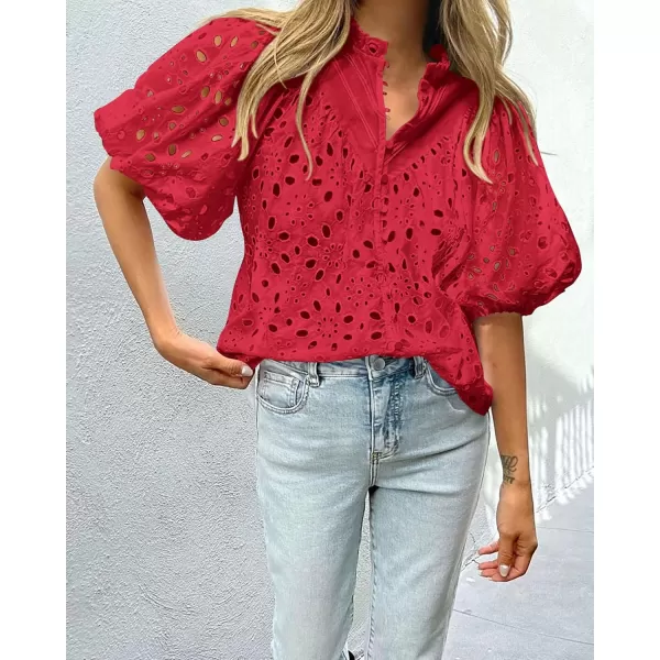 imagePRETTYGARDEN Womens Summer Tops Dressy Casual Short Lantern Sleeve V Neck Buttons Hollow Out Lace Embroidered Blouses ShirtsRed
