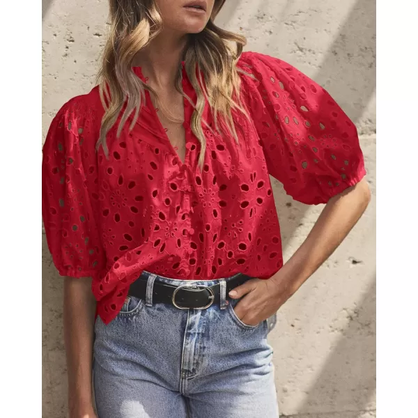 imagePRETTYGARDEN Womens Summer Tops Dressy Casual Short Lantern Sleeve V Neck Buttons Hollow Out Lace Embroidered Blouses ShirtsRed