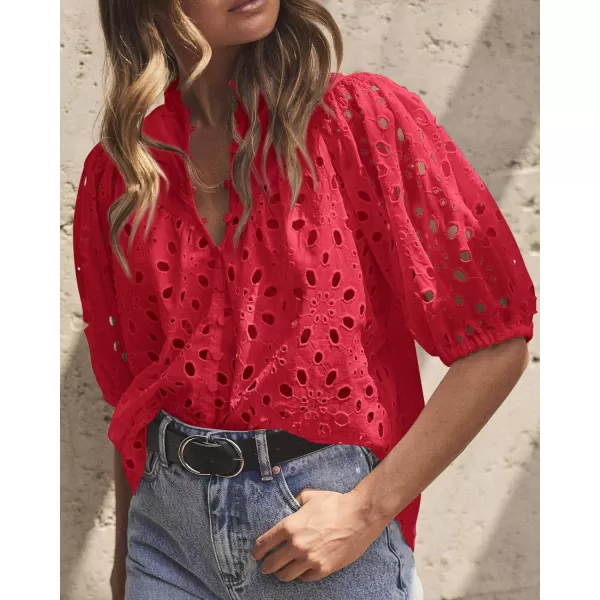imagePRETTYGARDEN Womens Summer Tops Dressy Casual Short Lantern Sleeve V Neck Buttons Hollow Out Lace Embroidered Blouses ShirtsRed