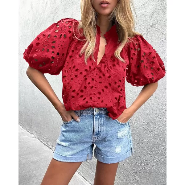 imagePRETTYGARDEN Womens Summer Tops Dressy Casual Short Lantern Sleeve V Neck Buttons Hollow Out Lace Embroidered Blouses ShirtsRed