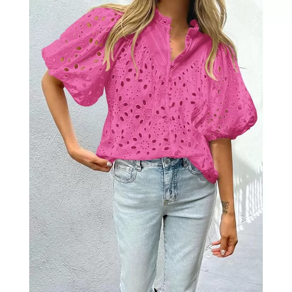 imagePRETTYGARDEN Womens Summer Tops Dressy Casual Short Lantern Sleeve V Neck Buttons Hollow Out Lace Embroidered Blouses ShirtsRose Pink