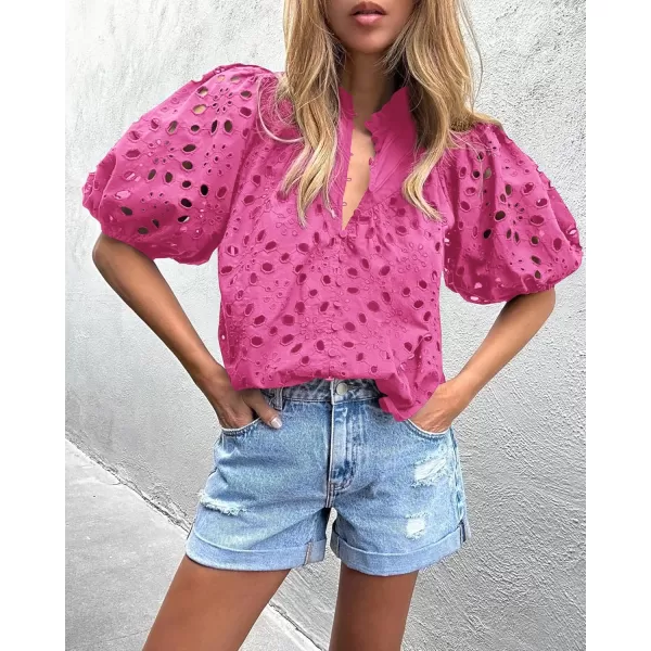 imagePRETTYGARDEN Womens Summer Tops Dressy Casual Short Lantern Sleeve V Neck Buttons Hollow Out Lace Embroidered Blouses ShirtsRose Pink