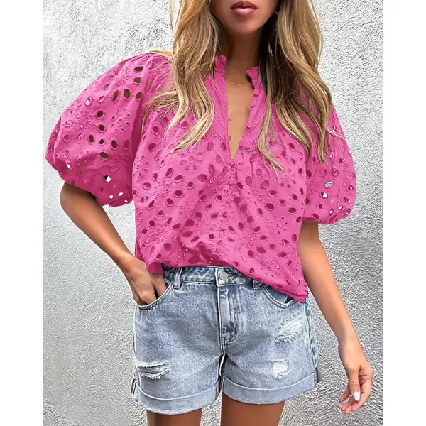 imagePRETTYGARDEN Womens Summer Tops Dressy Casual Short Lantern Sleeve V Neck Buttons Hollow Out Lace Embroidered Blouses ShirtsRose Pink