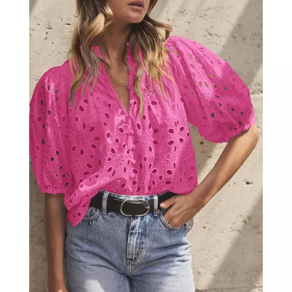 imagePRETTYGARDEN Womens Summer Tops Dressy Casual Short Lantern Sleeve V Neck Buttons Hollow Out Lace Embroidered Blouses ShirtsRose Pink