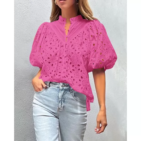 imagePRETTYGARDEN Womens Summer Tops Dressy Casual Short Lantern Sleeve V Neck Buttons Hollow Out Lace Embroidered Blouses ShirtsRose Pink