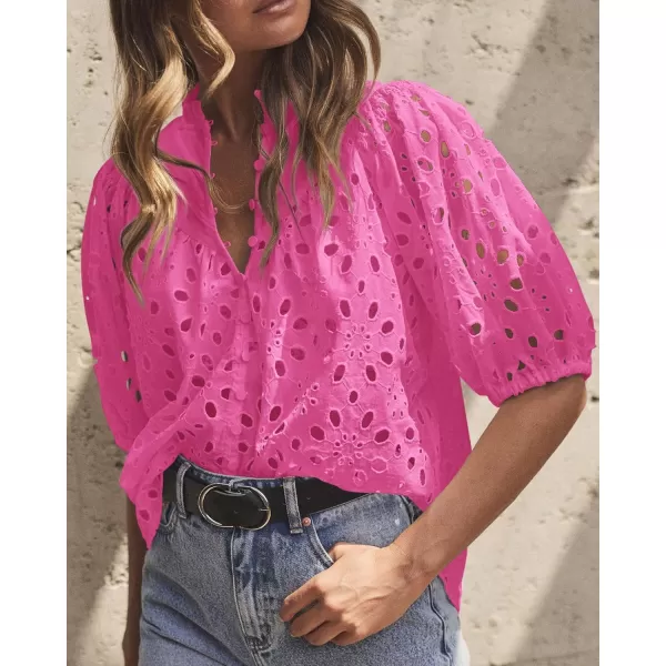 imagePRETTYGARDEN Womens Summer Tops Dressy Casual Short Lantern Sleeve V Neck Buttons Hollow Out Lace Embroidered Blouses ShirtsRose Pink