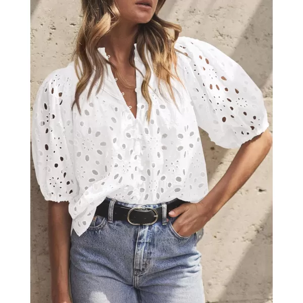 imagePRETTYGARDEN Womens Summer Tops Dressy Casual Short Lantern Sleeve V Neck Buttons Hollow Out Lace Embroidered Blouses ShirtsWhite
