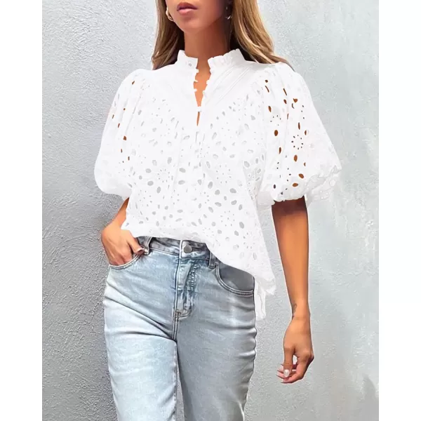 imagePRETTYGARDEN Womens Summer Tops Dressy Casual Short Lantern Sleeve V Neck Buttons Hollow Out Lace Embroidered Blouses ShirtsWhite