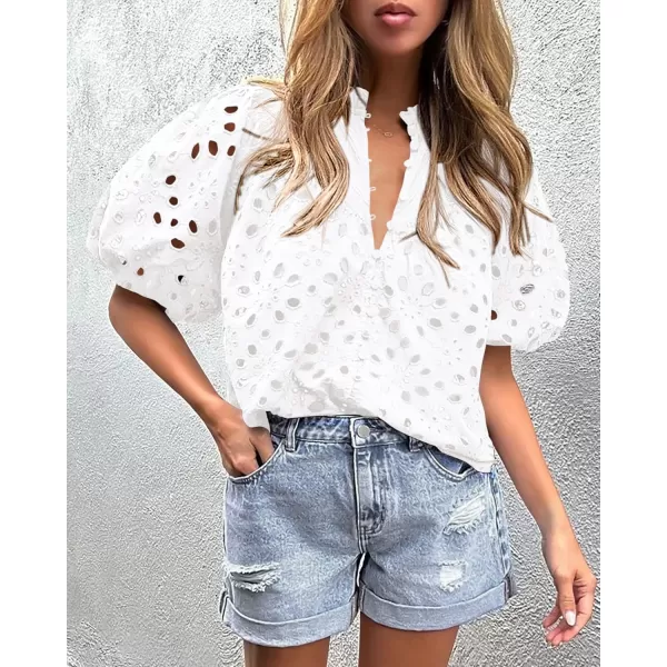 imagePRETTYGARDEN Womens Summer Tops Dressy Casual Short Lantern Sleeve V Neck Buttons Hollow Out Lace Embroidered Blouses ShirtsWhite