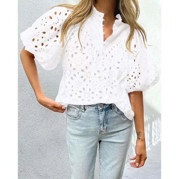 imagePRETTYGARDEN Womens Summer Tops Dressy Casual Short Lantern Sleeve V Neck Buttons Hollow Out Lace Embroidered Blouses ShirtsWhite