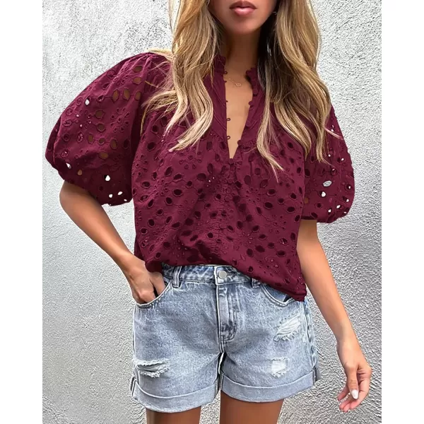 imagePRETTYGARDEN Womens Summer Tops Dressy Casual Short Lantern Sleeve V Neck Buttons Hollow Out Lace Embroidered Blouses ShirtsWine Red