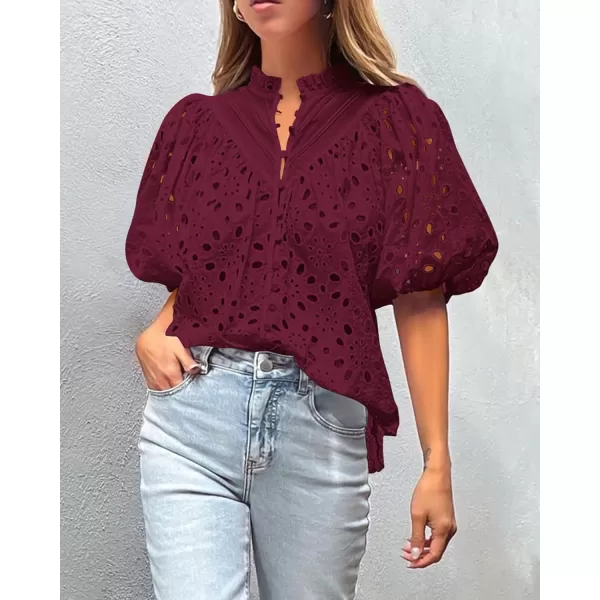 imagePRETTYGARDEN Womens Summer Tops Dressy Casual Short Lantern Sleeve V Neck Buttons Hollow Out Lace Embroidered Blouses ShirtsWine Red