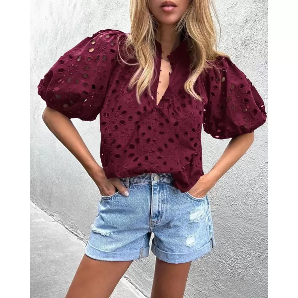 imagePRETTYGARDEN Womens Summer Tops Dressy Casual Short Lantern Sleeve V Neck Buttons Hollow Out Lace Embroidered Blouses ShirtsWine Red