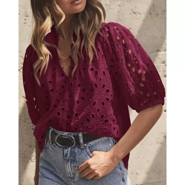 imagePRETTYGARDEN Womens Summer Tops Dressy Casual Short Lantern Sleeve V Neck Buttons Hollow Out Lace Embroidered Blouses ShirtsWine Red