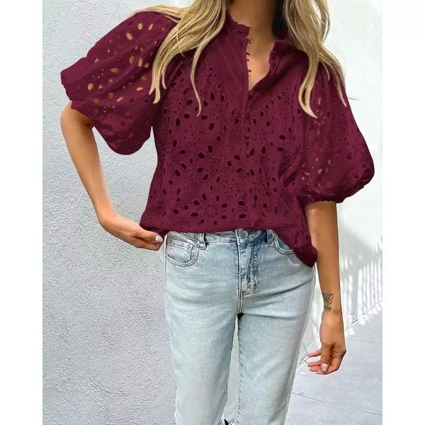 imagePRETTYGARDEN Womens Summer Tops Dressy Casual Short Lantern Sleeve V Neck Buttons Hollow Out Lace Embroidered Blouses ShirtsWine Red