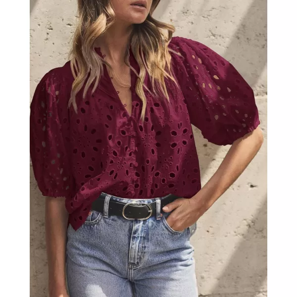 imagePRETTYGARDEN Womens Summer Tops Dressy Casual Short Lantern Sleeve V Neck Buttons Hollow Out Lace Embroidered Blouses ShirtsWine Red
