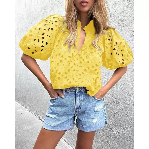 imagePRETTYGARDEN Womens Summer Tops Dressy Casual Short Lantern Sleeve V Neck Buttons Hollow Out Lace Embroidered Blouses ShirtsYellow