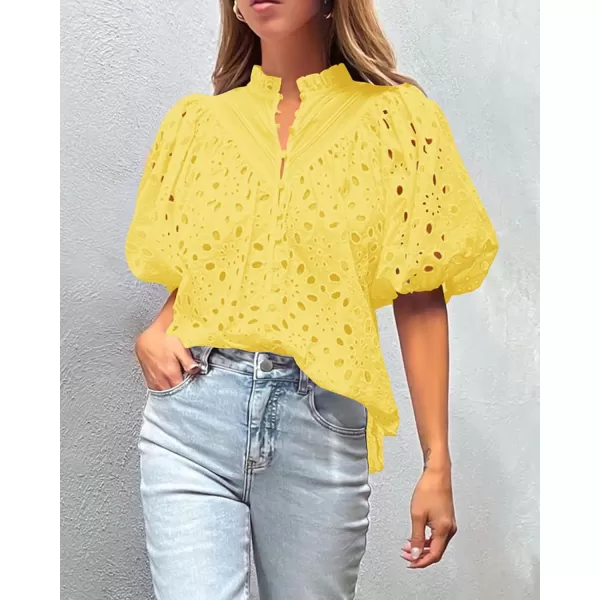 imagePRETTYGARDEN Womens Summer Tops Dressy Casual Short Lantern Sleeve V Neck Buttons Hollow Out Lace Embroidered Blouses ShirtsYellow