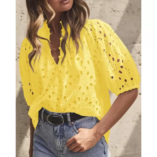 imagePRETTYGARDEN Womens Summer Tops Dressy Casual Short Lantern Sleeve V Neck Buttons Hollow Out Lace Embroidered Blouses ShirtsYellow